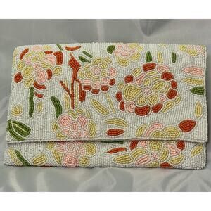 Lulu’s floral Embroidered Beaded Clutch with Silver Removable Strap.